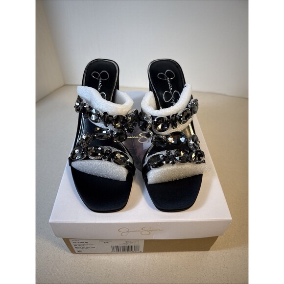 Jessica Simpson Black Matte Satin Amilir Slip On Heels Sandals Size 7M - Picture 1 of 11